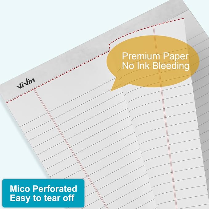 ViVin Legal Pads 8.5 x 11 Inch, Wide Ruled Note Pads, 12 Pack, 50 Sheet/Pad, Perforated Writing Pads, Notepads for Office Home School, 600 Sheets (12 Pack of 50), White Paper