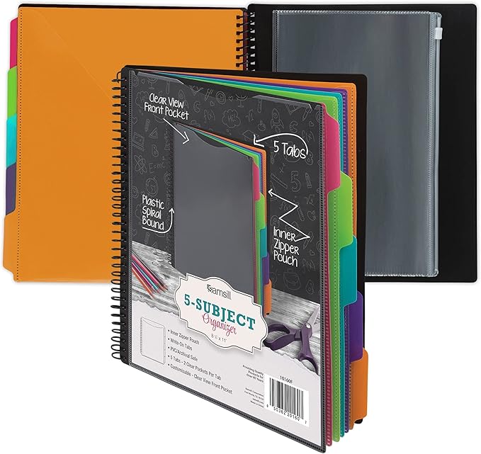 Samsill 10 Pocket Poly Project Organizer with 5 Dividers, File Folders Letter Size, Customizable Front Cover, Inner Zipper Pouch, Erasable Write-On Tabs in Fashion Colors, Plastic Folders with Pockets