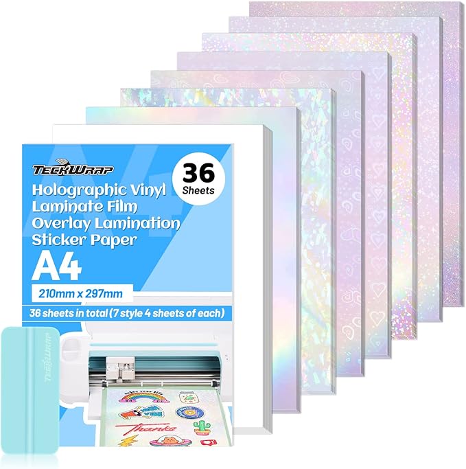 TECKWRAP Holographic Sticker Paper Clear Overlay Laminating Sheets Matte White Inkjet Printable Vinyl 8.26" x 11.69" A4 Size 36 sheets/Pack Laminate Sticker Film for Craft, Scrapbooking, Craft Cutters