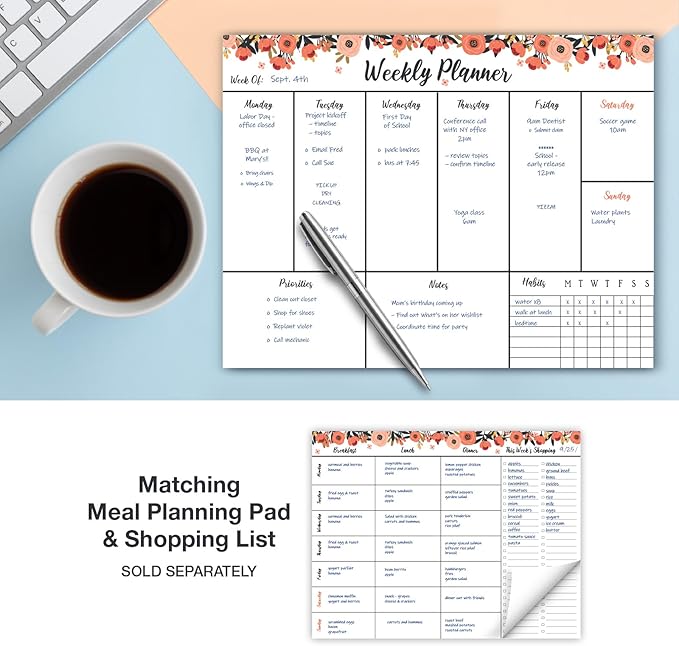 Global Printed Products 8.5" x 11" Horizontal to-Do List and Weekly Planning Pad, 60-Sheets, Peach & Pink Floral