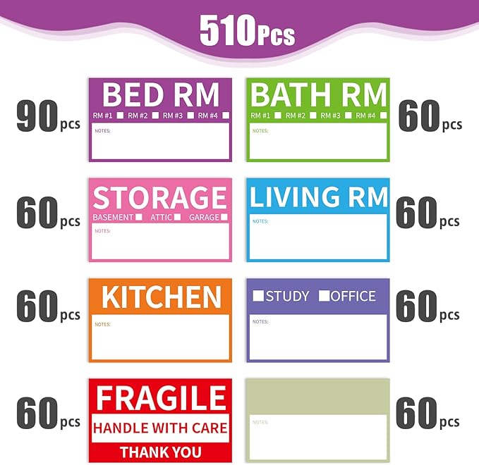 510 Home Moving Labels, 3.4 x 2 inches, 8-Color Coded Packing Box Stickers with Fragile and Blank Customizable Labels