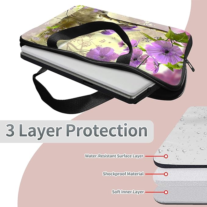 Laptop Sleeve Case Bag 15 inch, Purple Florals Hummingbird Slim Carrying Case Durable Handbag Travel Laptop Bag for 15 inch MacBook Air M3/M2/15 Pro/Surface Laptop 7/6/5/4/3/ Dell XPS 15 Plus