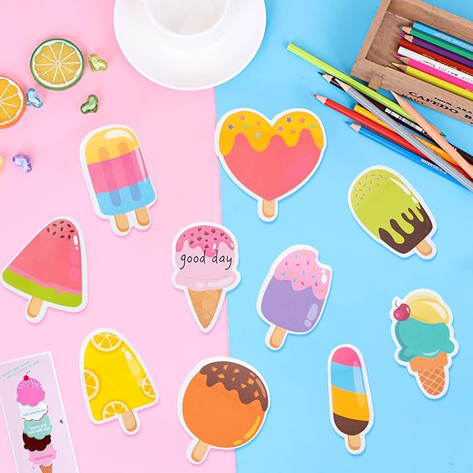 30 Pack Ice Cream Sticky Notes, Total 600 Sheets, Assorted Summer Fruit Popsicle Sticks Self Sticky Memo Pads for Office School Student Kids Class Birthday Party Favors Goodies Bag Fillers