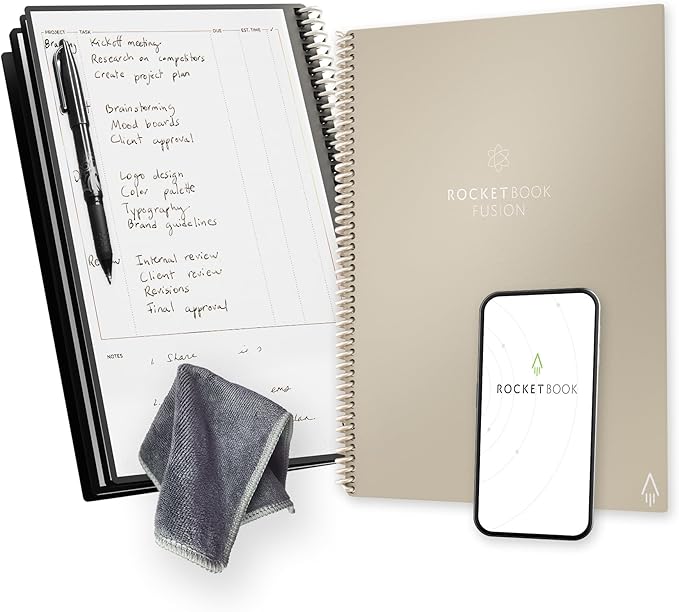 Rocketbook Fusion Reusable Undated Productivity Planner, Letter Size 8.5x11, Beige - Goals, Monthly and Weekly Calendar, Daily To-do List, Lined and Dotted Notes Pages