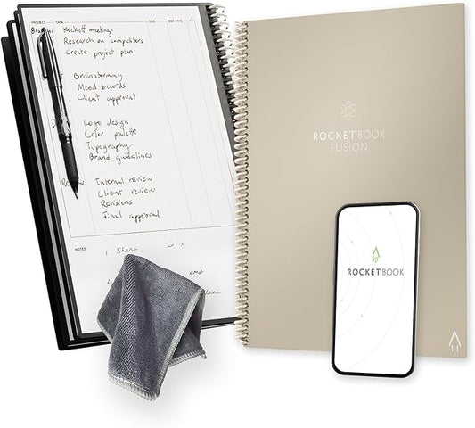 Rocketbook Fusion Reusable Undated Productivity Planner, Letter Size 8.5x11, Beige - Goals, Monthly and Weekly Calendar, Daily To-do List, Lined and Dotted Notes Pages