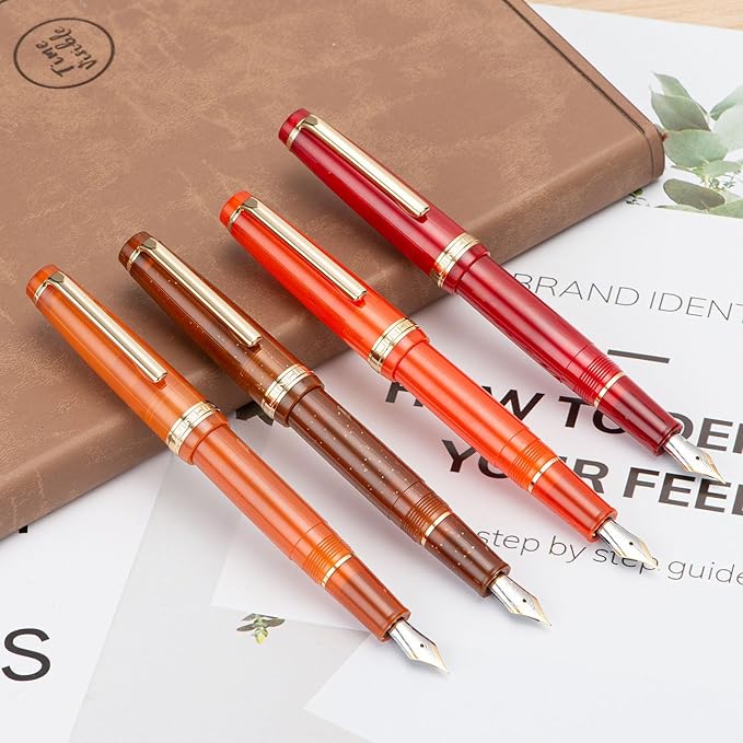 Jinhao 82 Acrylic Fountain Pen, Iridium Extra Fine Nib with Ink Converter, Transparent Red Classic Design Smooth Writing Pen (Gold Trim)
