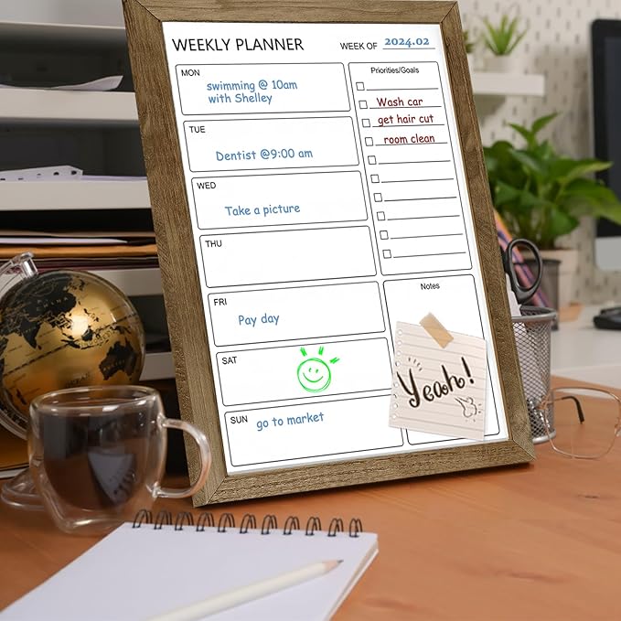 Dry Erase White Board Weekly Calendar Board, Magnetic Whiteboard for Wall,10.5“x14.5 Solid Wood Rustic Brown Framed Message Board, Planner Board for Office, Home, Schooll(Weekly-BB-RB-2737)