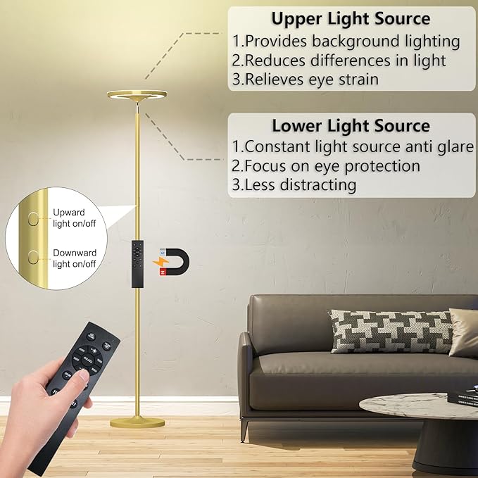 Keepsmile Gold Double Side Lighting LED Floor Lamp with Remote Smart App 36W 2600LM Bright Tall Standing RGB Floor Lamp Angle Multicolor Dimmable Modern Floor Lamps for Living Room Bedroom