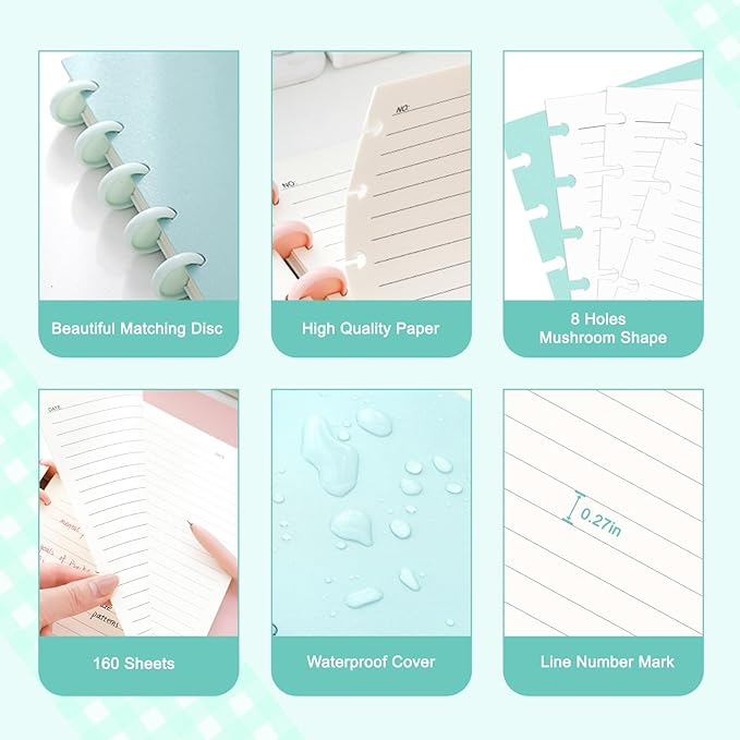 Discbound Notebook, 8-Disc Disbound Planner with Removable Pages, 180 Pages Spiral Notebook, Poly Cover Discbound Planner for Work, Travel, Note Taking(With Index Sticker),Green,A5