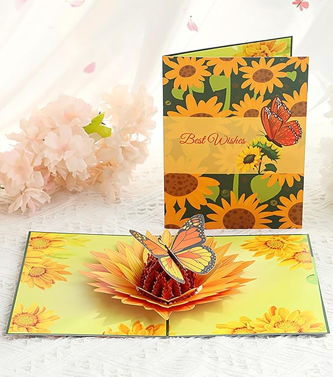 Flying Butterfly Pop Up Card, 3D Sunflower and Butterfly Birthday Popup Card for Valentines Day, Graduation, Anniversary, Thinking of You, Thank You, All Occasions