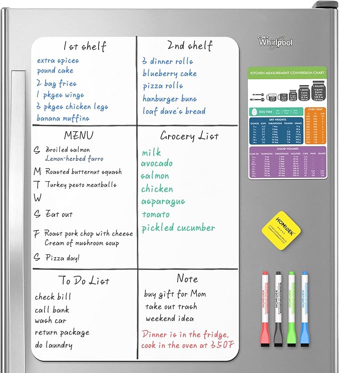 Magnetic Dry Erase Board: Large Fridge Whiteboard, Flexible Refrigerator Magnet White Board, Blank Writing Note Sheet with Kitchen Conversion Chart Magnet, 4 Markers & Eraser - 23 x 15