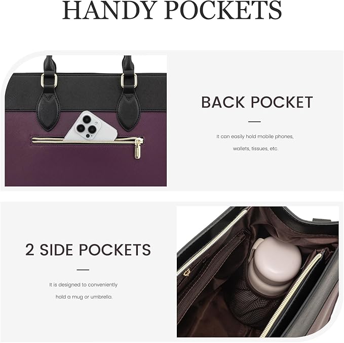 LOVEVOOK Laptop Bag for Women, 15.6 inch Laptop Tote Work Bag Purse, Large Waterproof Leather Computer Briefcase for Office, Purple-Black