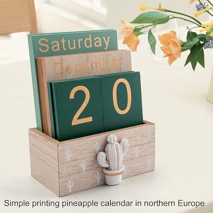 Notakia Perpetual Calendar, Wooden Calendar for Home Office Desk Accessories Vintage Wood Block Calendar(Green)