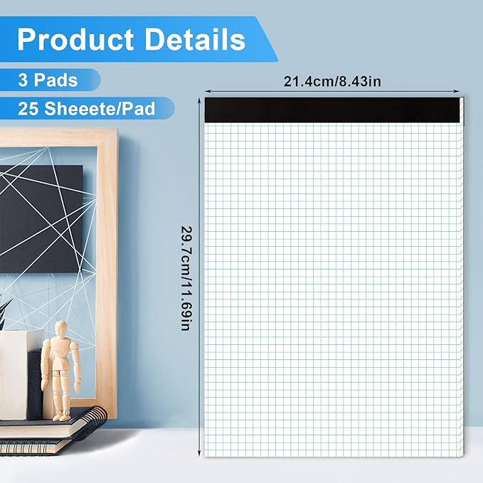 AZUREAL Grid Paper Notebook 8.5 x 11 Inches, 3 Pack graph paper pad, 70 Gsm 4×4 Quad Grid Paper, Graph Papers for School, Office, Home, 25 Sheets/Pad, 25 Sheets/Pad