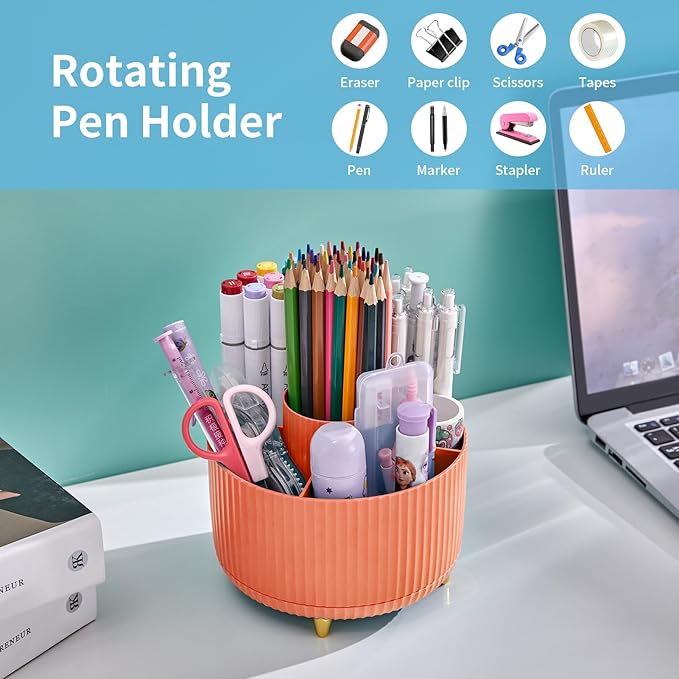 Marbrasse Desk Organizer, 360-Degree Rotating Pen Holder for Desk, Desk Organizers and Accessories with 5 Compartments Pencil Organizer, Art Supply Storage Box Caddy for Office, Home （Orange）