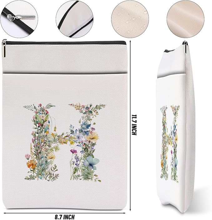 Monogrammed Book Sleeve Floral H Initial Book Pouch Book Accessories Book Lovers Gifts Waterproof Book Cover Book Protector Bookish Gifts Personalized Gifts for Women Girls Readers Bride Aunt