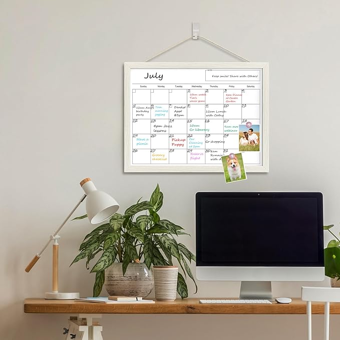 Calendar Whiteboard for Wall, TANKEE 17x13 Inches Dry Erase Calendar, Magnetic Small White Board with Wood Frame, Hanging Dry Erase Board for Wall Kitchen Home Office Planner