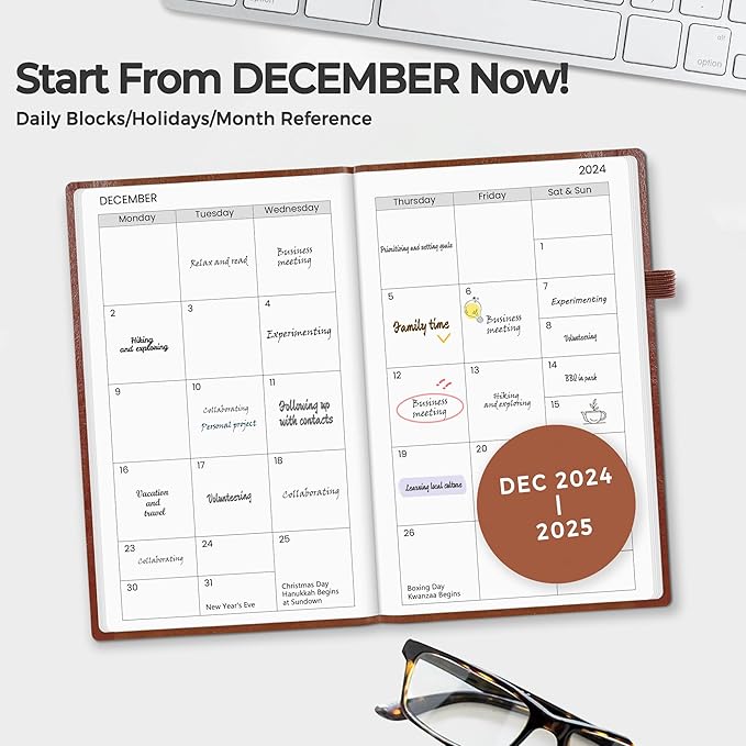 SUNEE 2025 Pocket Weekly Planner for Purse 3.5" x 6" - 12 Month (January 2025 - December 2025), Pocket Size Planner, Hardcover, Notes, Pocket, 100 GSM Paper, Brown
