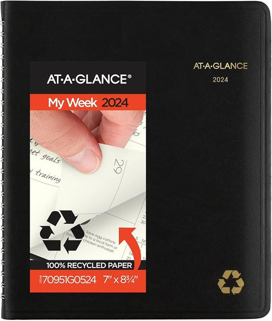AT-A-GLANCE 2024 Weekly & Monthly Planner, Quarter-Hourly Appointment Book, 7" x 8-3/4", Medium, Recycled, Monthly Tabs, Black (70951G0524)