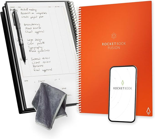 Rocketbook Fusion Reusable Undated Productivity Planner, Letter Size 8.5x11, Orange - Goals, Monthly and Weekly Calendar, Daily To-do List, Lined and Dotted Notes Pages