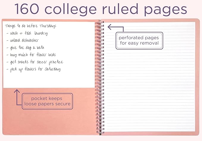 Steel Mill & Co Cute Large Spiral Notebook College Ruled, 11" x 9.5" with Durable Hardcover and 160 Lined Pages, Pastel Brush Strokes