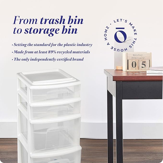 Homz Clear Plastic 4 Drawer Medium Home Storage Container Tower w/2 Large and 2 Small Drawers, and Removeable Caster Wheels, White Frame (2 Pack)