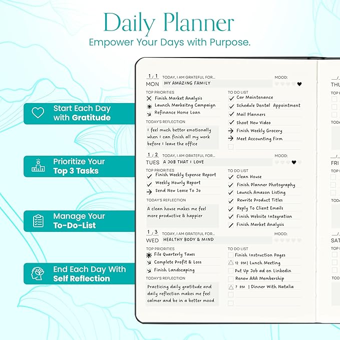 2025 Planner, Daily Journal & Gratitude Journal All-In-One with To Do List, Self Care Prompts & Habit Tracker - 7 x 10 - Teal