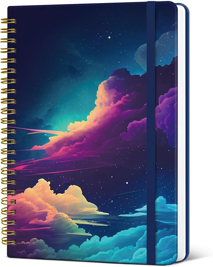 Pretty Cute Lined Spiral Journal Notebook for Women, Aesthetic College Ruled Notebook for Work & Note Taking, A5 Hardcover Journal for Writing, 140 Pages, Cosmic Clouds