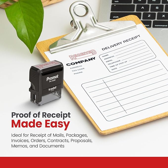 Promot Received Self Inking Rubber Stamp - Refillable Received Stamper - Business, Bookkeeping, Ordering, Accounting, Work, Office Stamps - Red Ink