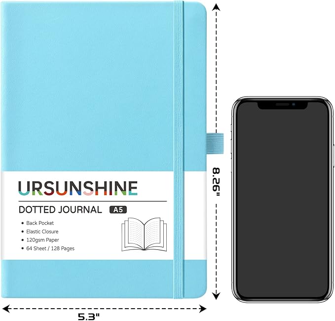 Dotted Journal/Notebook - Dot Grid Hard Cover Notebook, Premium Thick Paper with Fine Inner Pocket, Black Smooth Faux Leather, Pen Loop, 5.3'' x 8.26'' - Light Blue