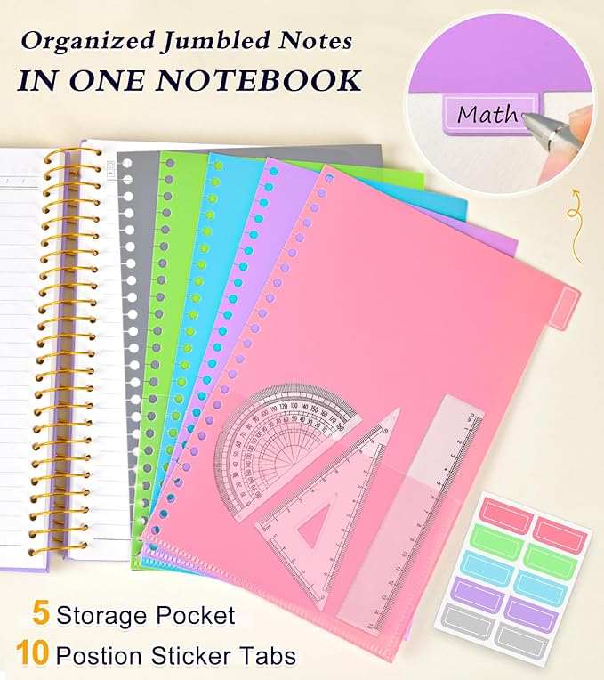 5 Subject Notebook College Ruled, Hardcover Spiral Notebook with Removable Pocket Dividers Tabs, 240 Pages Lined Spiral Journal Notebook for Women, 6x8.5 Notebooks for Work School Note taking A5 purple