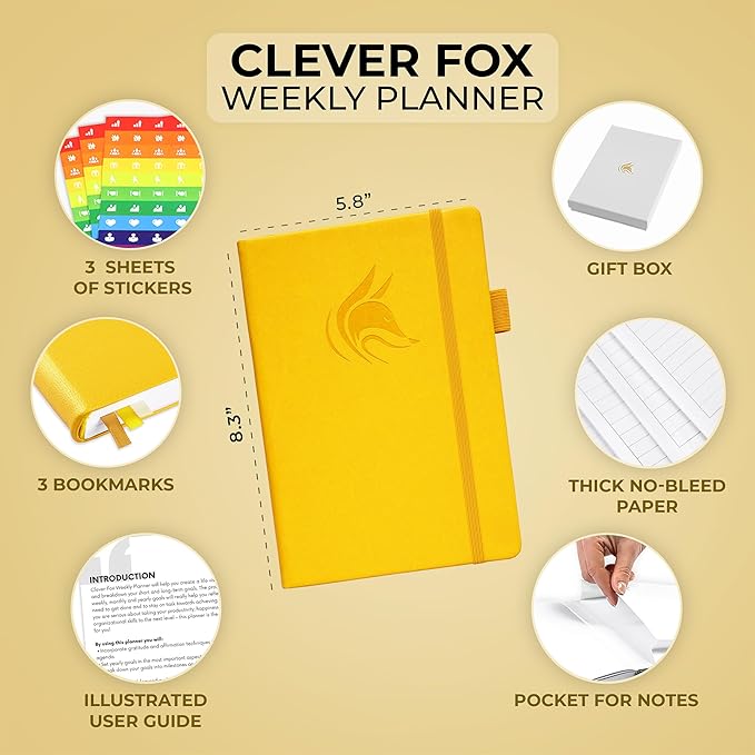Clever Fox Dated Planner 2025-2026 – Weekly Life Planner Notebook for Goal Setting & Time Management – Planner with Habits Tracker, to-do List & Dated Pages – A5, Lasts 1 Year Amber Yellow)