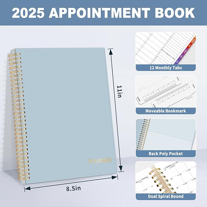 SUNEE 2025 Appointment Book, Quarter-Hourly, Weekly & Monthly - from January 2025 - December 2025, 8.5"x11" Weekly Planner, Flexible Cover, Note Pages, Pockets, Bookmark, Spiral Binding, Blue