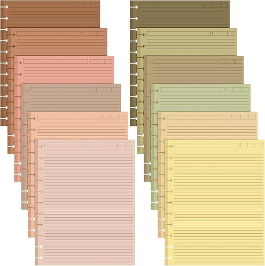 PerKoop 12 Pack 480 Sheets Colored Discbound Refill Paper 8.5 x 11 Inch College Ruled 11 Disc Letter Size Lined Paper Multicolored Refill Notebooks Disc Paper for Refill Paper Journaling (Nutty Color)