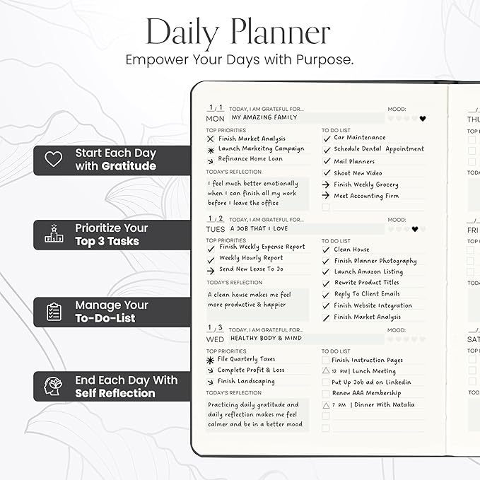 2025 Planner, Daily Journal & Gratitude Journal All-In-One with To Do List, Self Care Prompts & Habit Tracker - 7 x 10 - Black