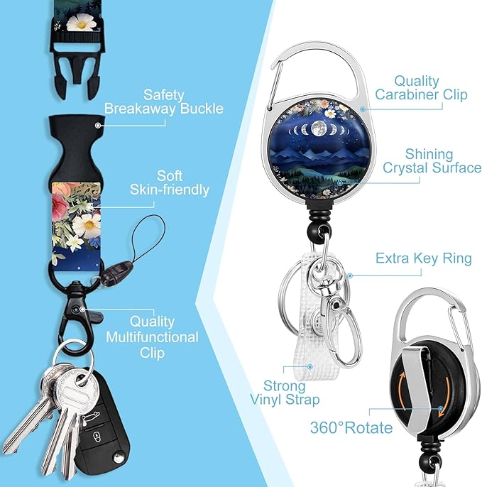 Lanyards for Id Badges, Badge Holder with Retractable Reel Clip, Detachable Moon Mountain Flower Night Work Name Tag Lanyard Vertical ID Card Protector for Women Nurse Doctor Teacher Student
