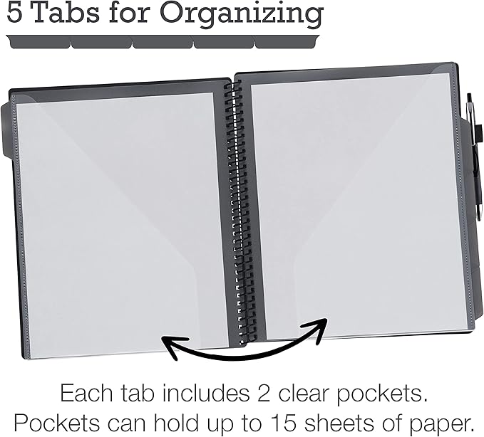 Samsill 10 Pocket Poly Organizer with 5 Dividers, File Folders Letter Size, Refillable Notepad, Customizable Front Cover, Erasable Write-On Tabs, Pen Loop, Plastic Folders with Pockets, Gray