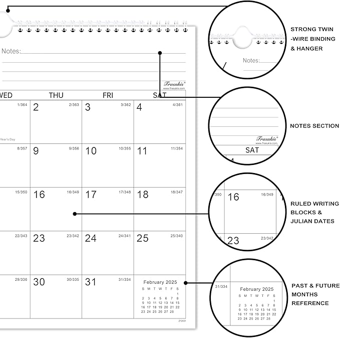 2025-2026 Calendar - 24 Months Wall Calendar 2025-2026, JANUARY 2025 - DECEMBER 2026, 14.8'' x 11.5'', Large Blocks with Julian Dates, Premium Paper White