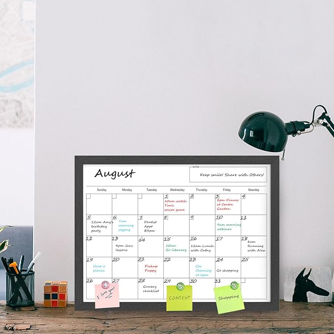 Dry Erase Calendar for Wall, 17x13 Inches Calendar Whiteboard for Wall, Small Magnetic White Board with Wood Frame, Hanging Dry Erase Board for Wall Planner Office Kitchen Home Memo