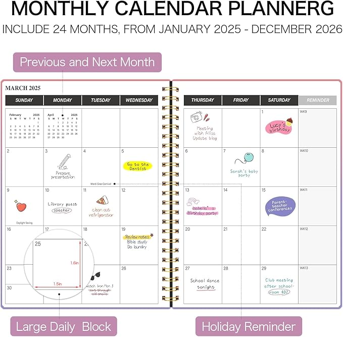Monthly Planner 2025-2026, 2025 Calendar 24 Months Planner, JAN 2025 - DEC 2026, 7.4"x9.4", Personal Organizer with Monthly Goals, To-Do List, Habit Tracker, 24 Monthes for School Office Home Planning