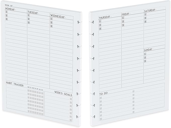 Discbound Undated Weekly Plan Paper Refill, 120 GSM, 80 Sheets/160 Pages, Happy Planner 9 Disc Pre-Punched Inserts, Loose Leaf, White, 7 inch x 9.25 Inch, To-Do, Notes, Habit Tracker, and Scheduling