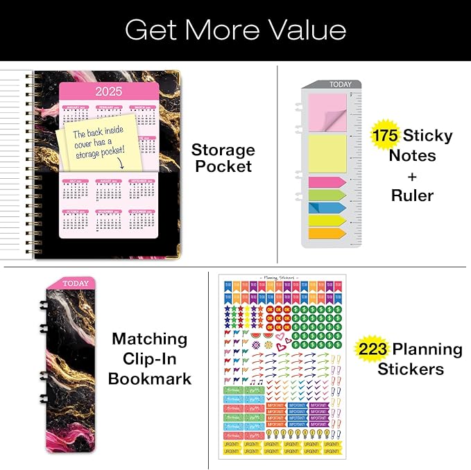 HARDCOVER Academic Year 2024-2025 Planner: (June 2024 Through July 2025) 8.5"x11" Daily Weekly Monthly Planner Yearly Agenda. Bookmark, Pocket Folder and Sticky Note Set (Dark Gold Marble)