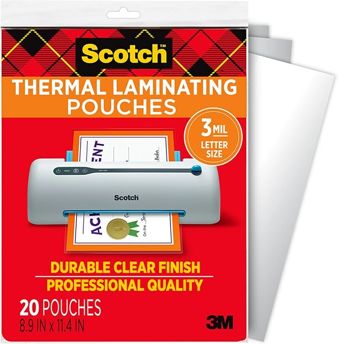 Scotch Matte Thermal Laminating Pouches, Ultra Clear with Matte Finish, Letter Size 8.9 in x 11.4 in, 20-Pack