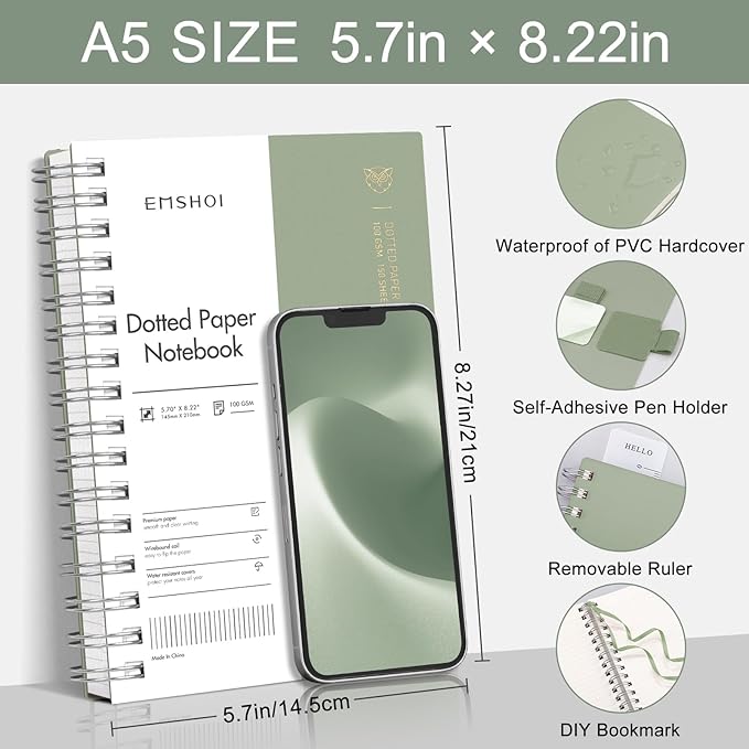 EMSHOI Spiral Notebook Bullet Dotted Journal, A5 Dotted Grid Notebook with 300 Pages, 100gsm Thick Paper, Waterproof Softcover Notebook for School Work Writing, 5.7" × 8.22" - Light Green
