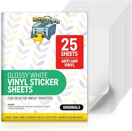 Premium Printable Vinyl Sticker Paper for Inkjet Printer 25 Sheets, 8.5"x11" - Glossy Sticker Paper Waterproof, Weatherproof - White Vinyl Sticker Sheets - Strong Adhesive, Laser Labels & Decals
