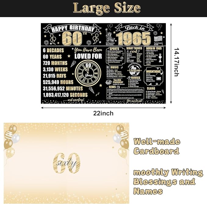 Large 60th Birthday Card With Envelope for Men Women, 1965 Black Gold Happy 60th Birthday Giant Guest Signature Book Gifts, Big Vintage 1965 60th Greeting Card Decoration Party Supplies
