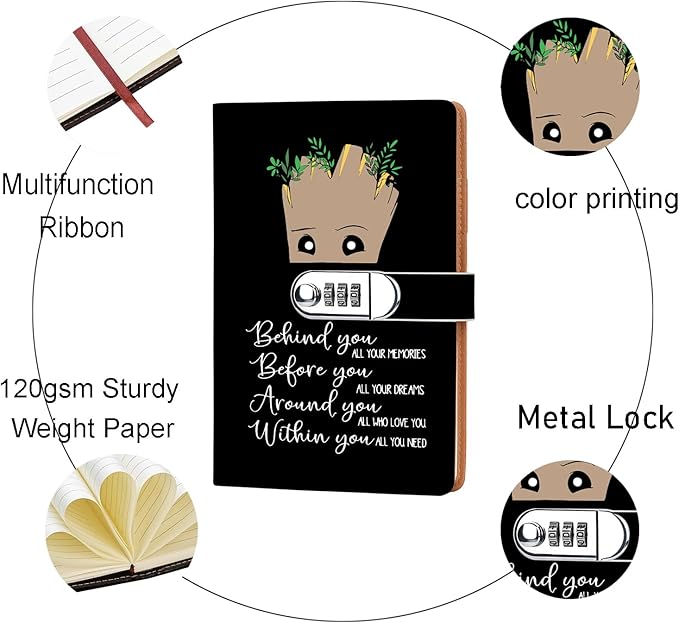 Funny Groot Gifts Leather Combination Lock Notebook Always Remember You’re Braver Than You Believe Leather Locked Journal Notebook Birthday Gifts for Daughter Son (behind you)