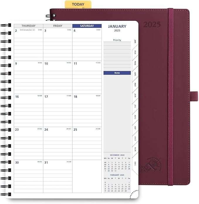 POPRUN 2025 Monthly Calendar Spiral Bound with Monthly Tabs 8.5" x 11", Large Writing Space Monthly Planner with PU Leather Soft Cover, Dual Pockets, Sunday Start - Claret