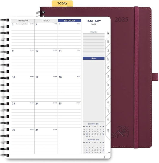 POPRUN 2025 Monthly Calendar Spiral Bound with Monthly Tabs 8.5" x 11", Large Writing Space Monthly Planner with PU Leather Soft Cover, Dual Pockets, Sunday Start - Claret