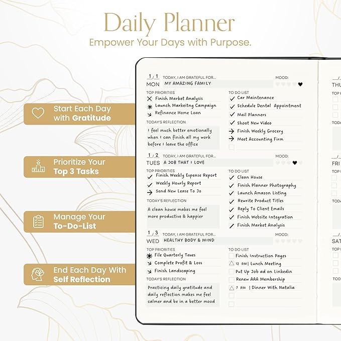 2025 Planner, Daily Journal & Gratitude Journal All-In-One with To Do List, Self Care Prompts & Habit Tracker - 5.8 x 8.3 - Evening